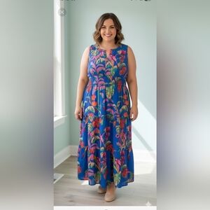 Meadow Rhodes Maxi Dress Sleeveless Boho Size 3X Blue Tropical New With Tags